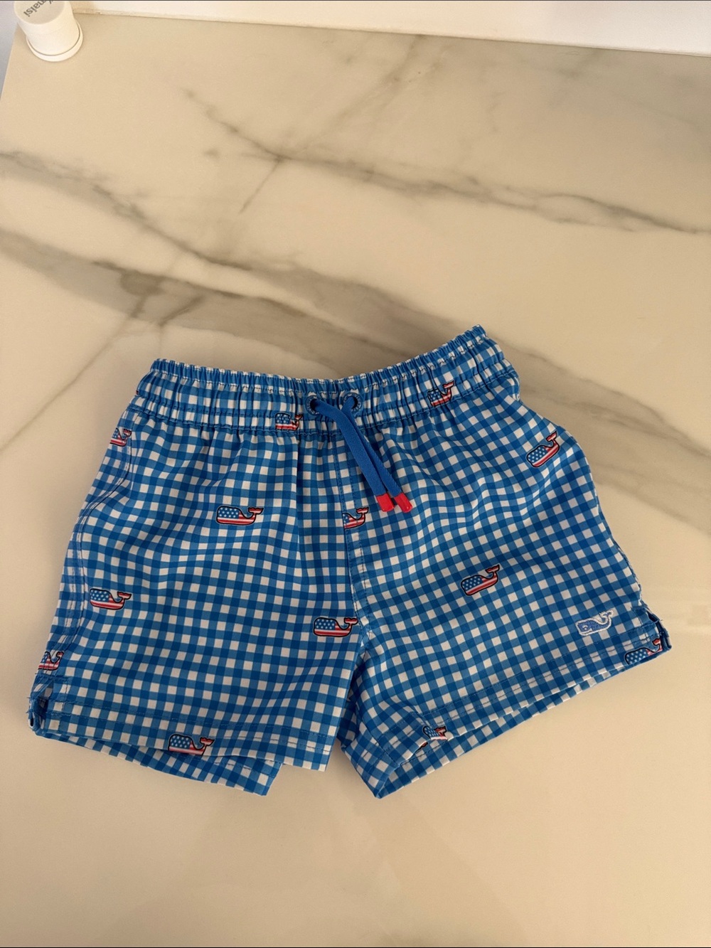 Vineyard Vines Blue Gingham Swim Shorts with Whale Motif 12-18 mo